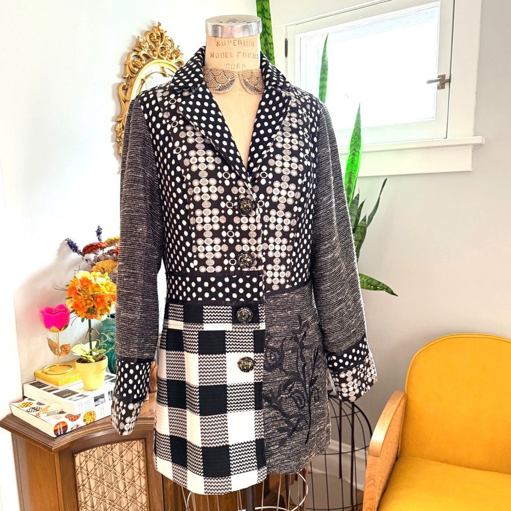 Vintage Y2K KAKTUS Patchwork Blazer‎ Jacket Black White Polka Dot Plaid L